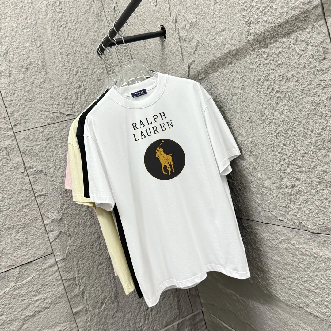 P150 Polo* Ralph Lauren 2025 spring and summer new style Classic letter pony print custom double yarn plain cotton fabric short-sleeved T-shirt for men and women Color: black white Size: S (90-130 pounds) M (120-150 pounds) L (140-165 pounds) XL (160-180 pounds) XXL (180-210 pounds)